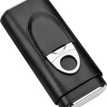Genuine Leather Cigar Case, Wood Lined Humidor with Cutter - Black