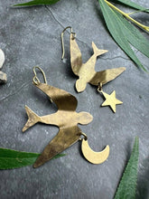 Flying Swallow Earrings, Moon Star, Celestial Bird Dangles