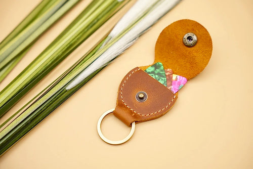 Genuine Leather Guitar Pick Holder and Keychain Organizer - Brown