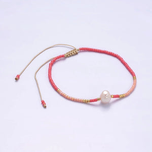 Dainty shell pearl cord bracelet barbiecore pink gold cylinder beaded adjustable bracelet