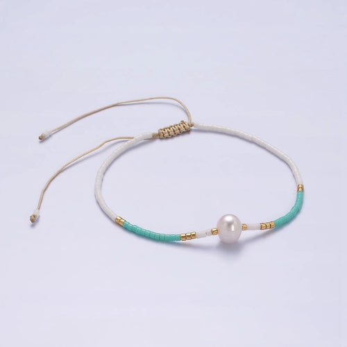 Dainty shell pearl cord bracelet turquoise white gold cylinder
