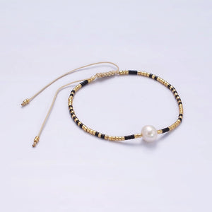 Dainty shell pearl cord bracelet with gold black beaded adjustable bracelet