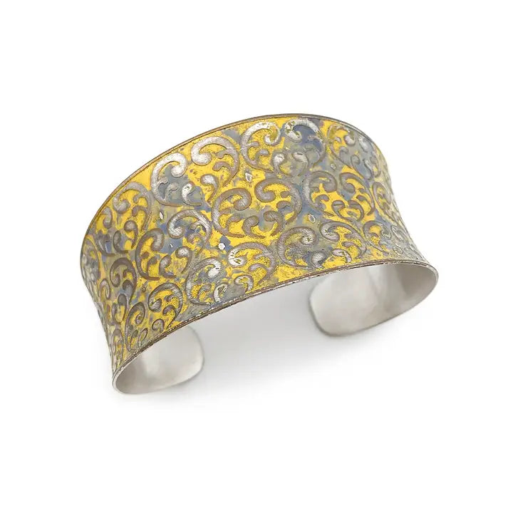 Silver patina bracelet-yellow ornate print