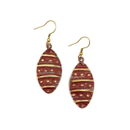 Brass patina earrings - Warm red with dots and lines