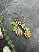 Sunflower Dangle Earrings, Botanical Floral Brass Drop