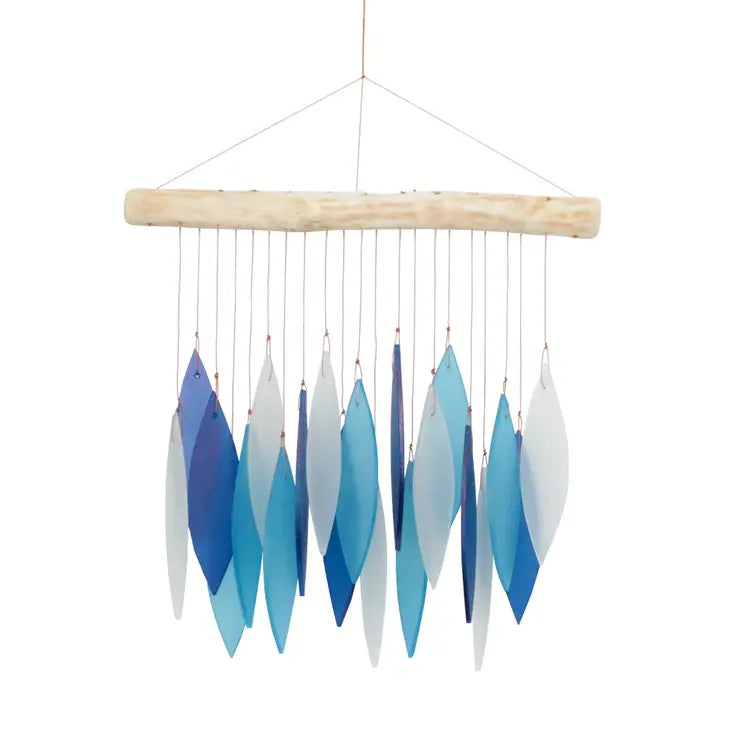 Blue, Light Blue. White Leaf Tumbled Glass Wind Chime