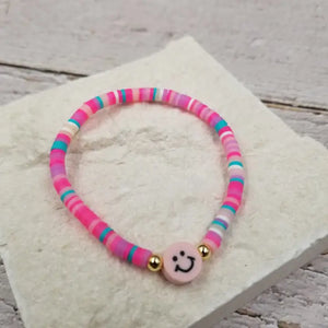 Smiling Face Rainbow Heishi Bracelet - Pink