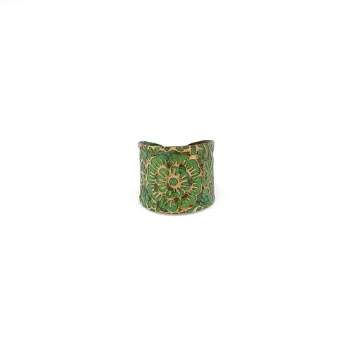 Brass patina ring - chartreuse floral scrollwork design