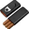 Genuine Leather Cigar Case, Wood Lined Humidor with Cutter - Black