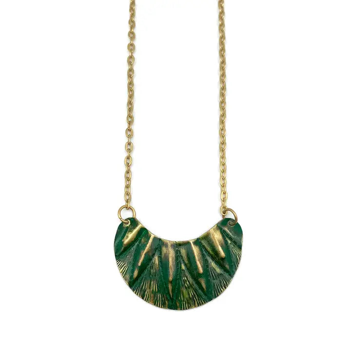 Brass patina necklace - Green triangles on curved pendant