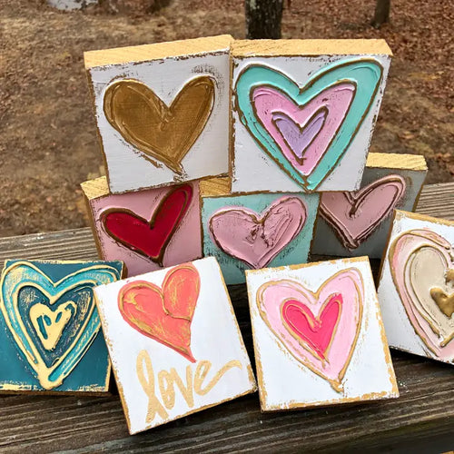 3x3 Heart Valentine Handmade Textured Wood Block - pink heart/mint green