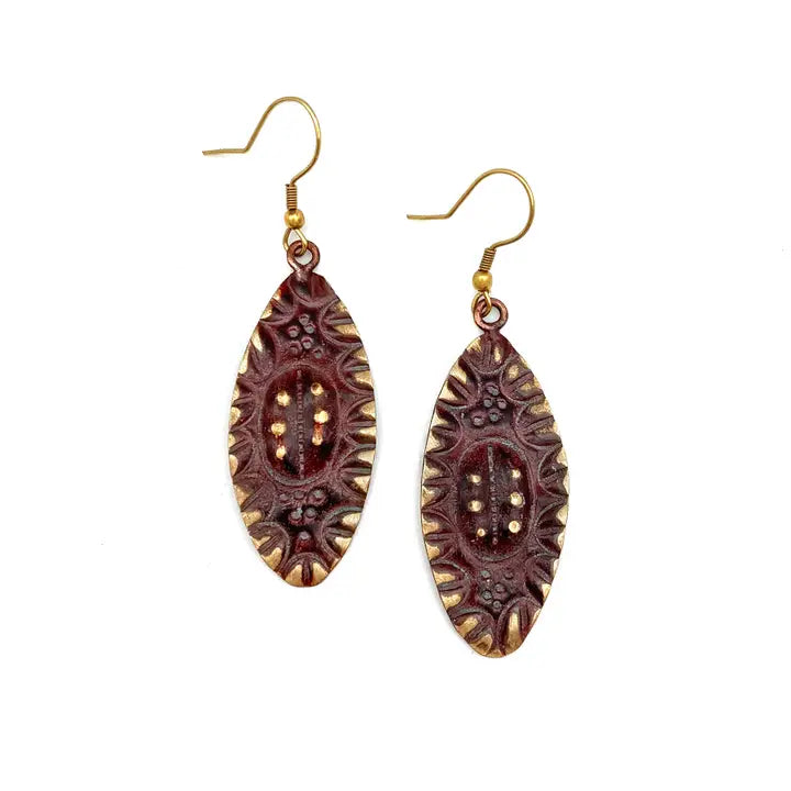 Brass patina earrings - Plum purple dots and lines ovals