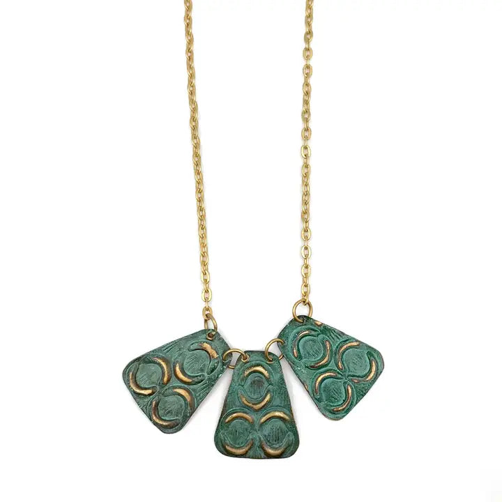 Brass patina necklace - Turquoise with mirrored crescents