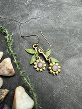 Sunflower Dangle Earrings, Botanical Floral Brass Drop