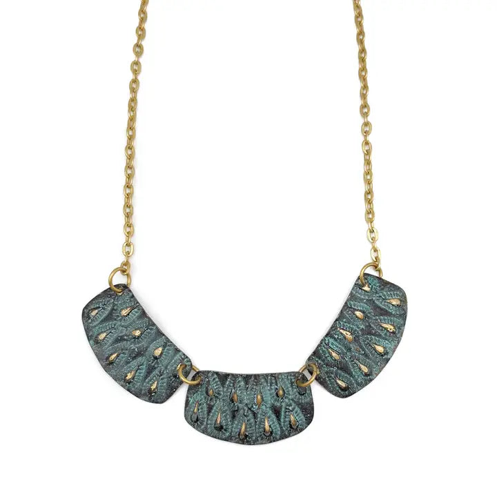 Brass patina necklace - Aqua on brown teardrops and dots