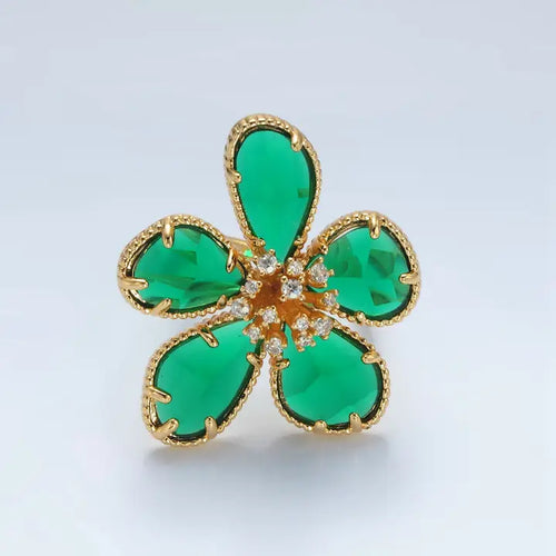 24K Gold Filled Green Acrylic Cz Paved Daisy Ring