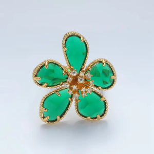 24K Gold Filled Green Acrylic Cz Paved Daisy Ring