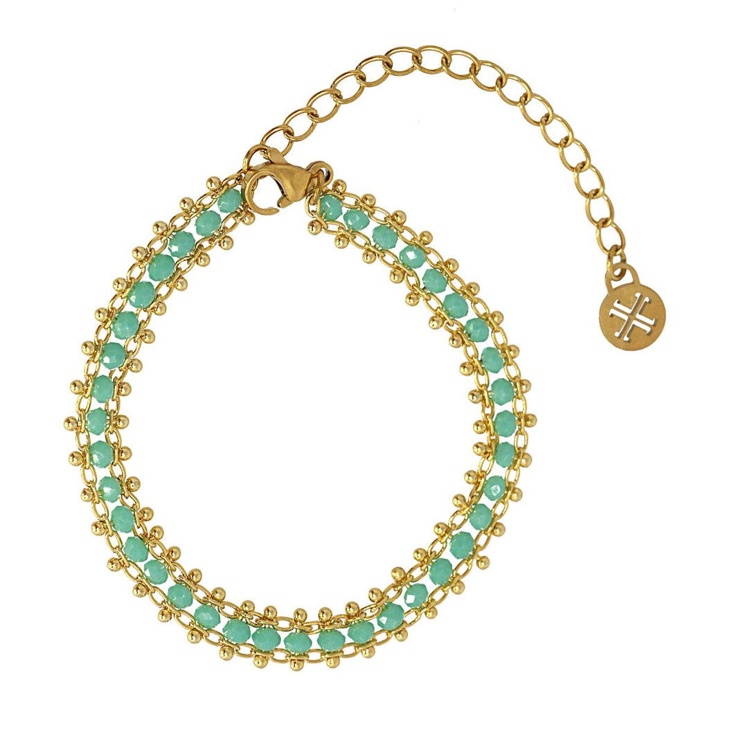 Aqua Glass Beads on 14K Gold Plated Bracelet