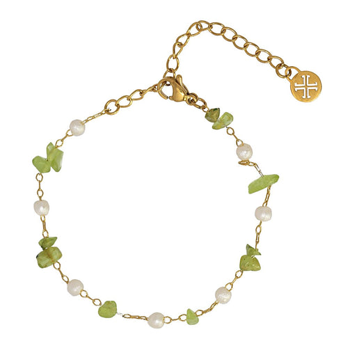 Green Stone Beads & Pearls on 14K Gold Plated Bracelet