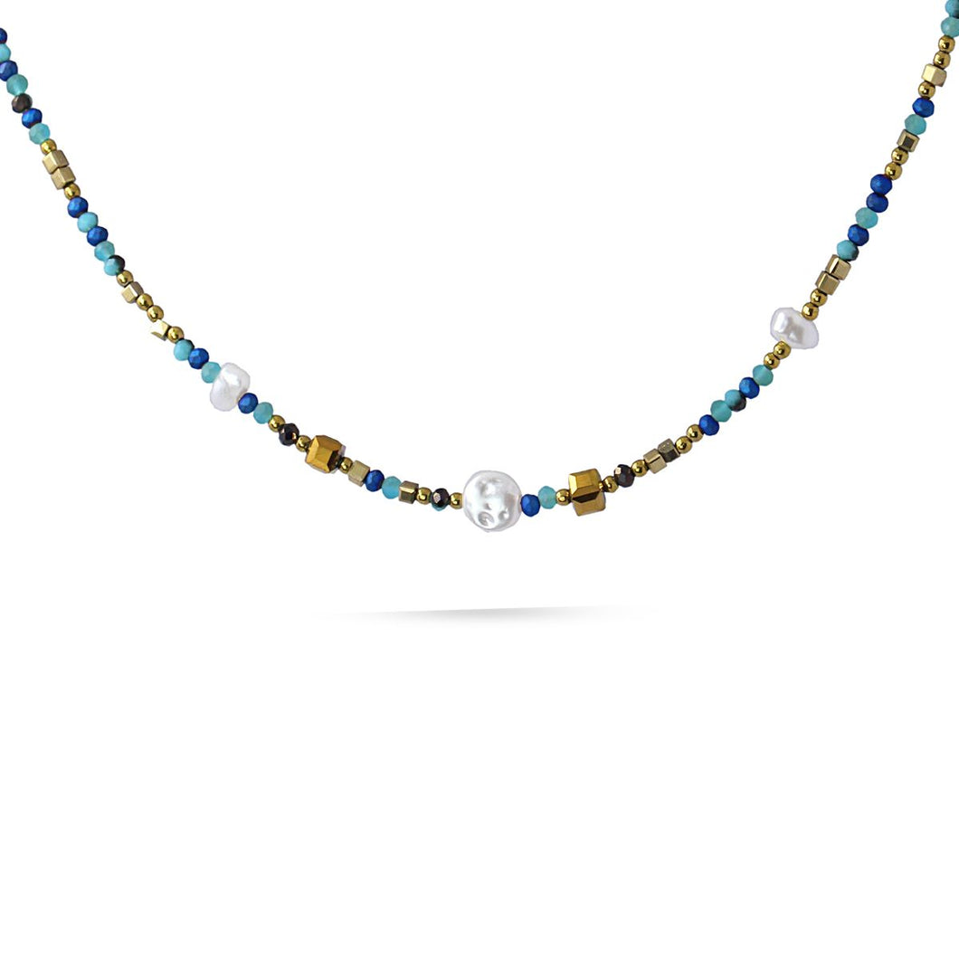 Blue & Gold Beads with Pearls on 14 Carat Gold Plated Chain