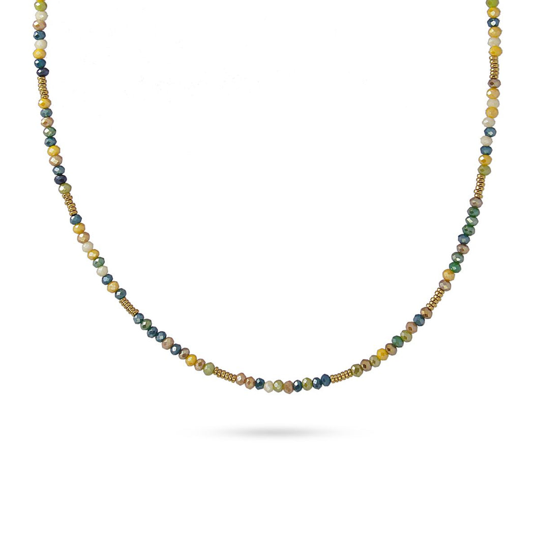 Delicate Cream, Blue, Wheat Crystals and Gold Bead Necklace