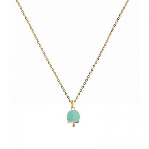 Turquoise Enameled Bell Charm with Crystal Edge on 14 Carat Gold Plated Chain