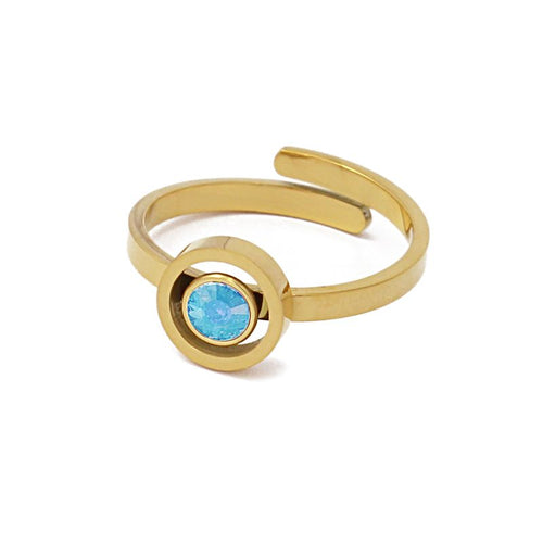 Azure Blue Crystal on 14K Gold Plated Adjustable Ring