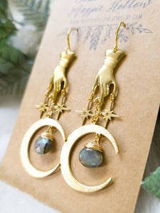 Labradorite Star and Moon Hand Earrings