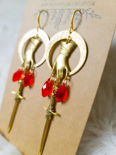 Victorian Hand and Sword and Red Teardrop Earrings