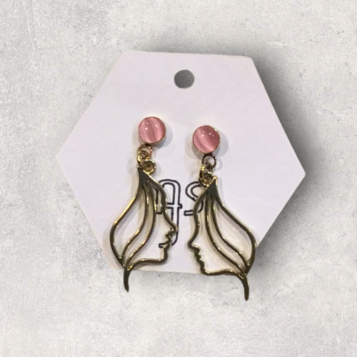 Abstract Face Pink Cat Eye Bezel Earrings