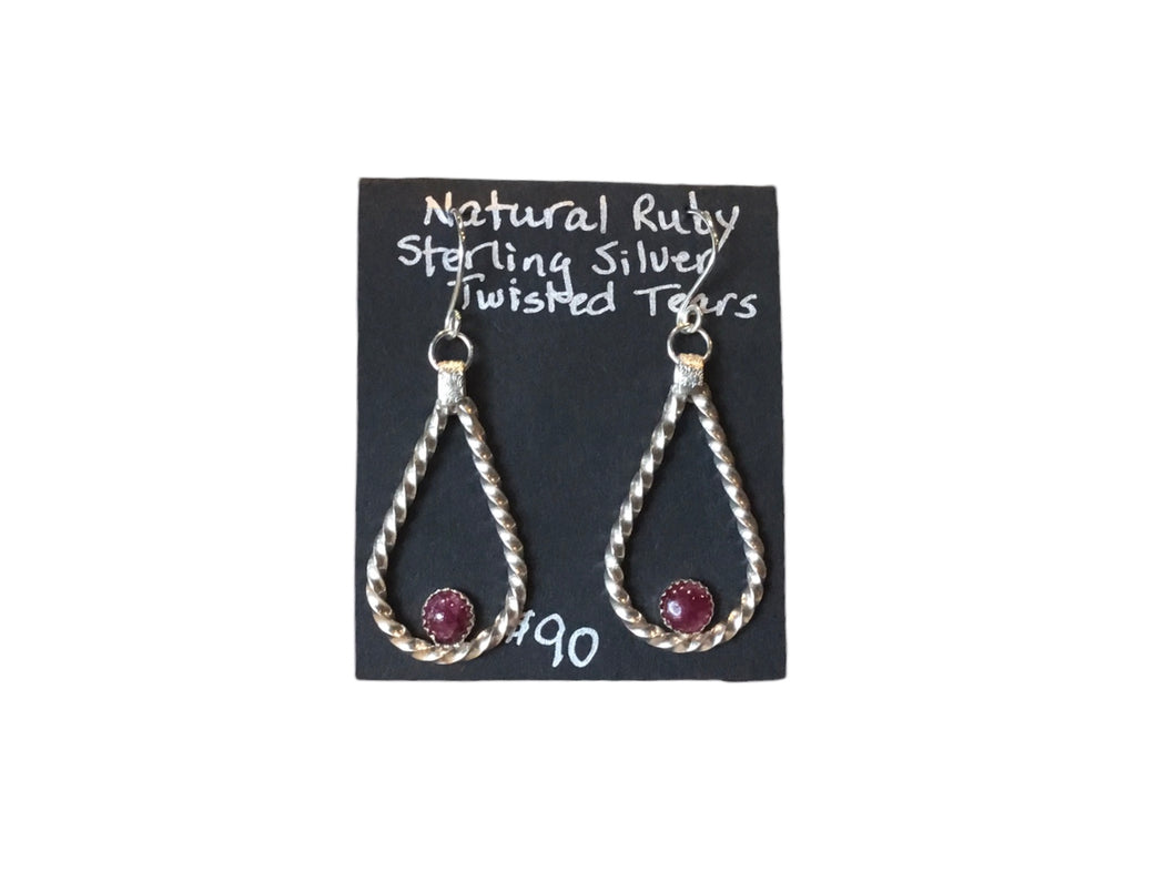 Natural Ruby Twisted Tears Earrings