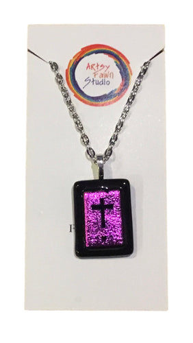 Cross dichroic fused glass necklace
