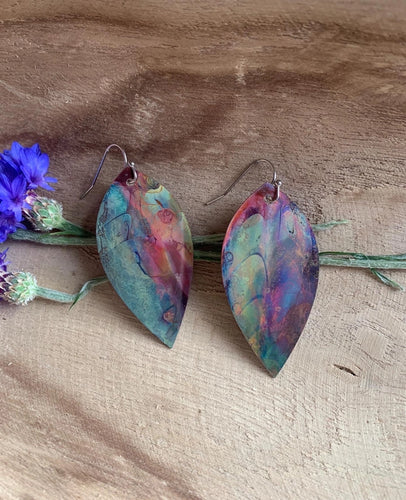 Botanical large leaf fire painted copper earrings