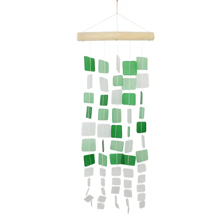 green and White Squares Tumbled Glass Wind Chime