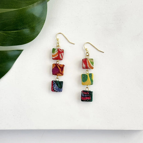 Kantha fluid square trio earrings