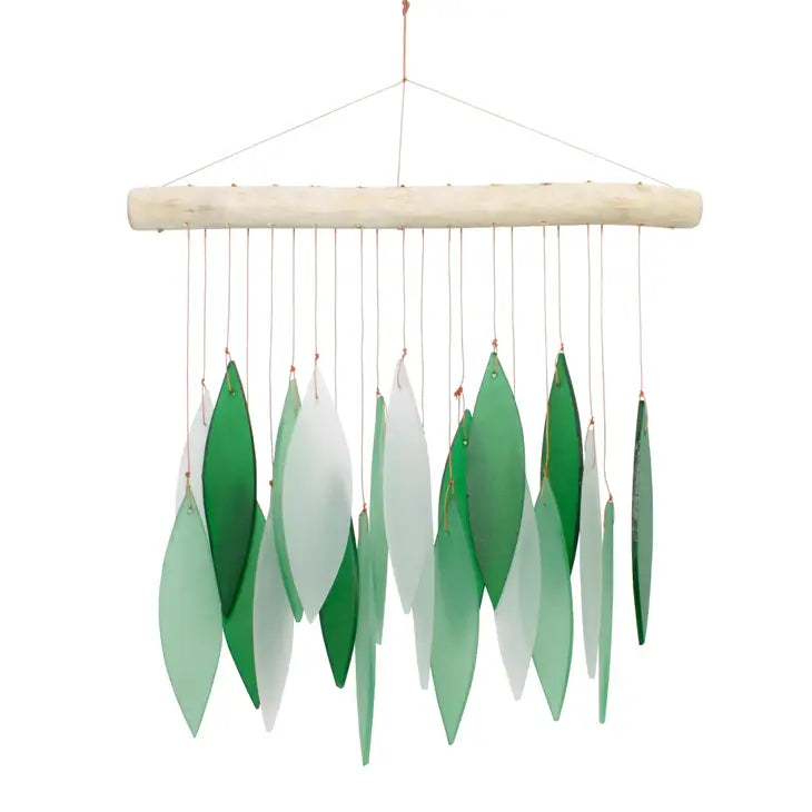 Green and White Leaf Tumbled Glass Wind Chime