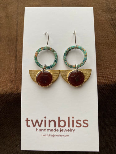 Sparkle & Shine Earrings - Red Textured Circle with Patina Effect Hoops