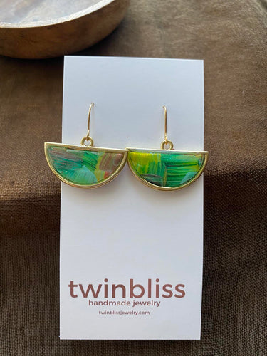 Earth & Sky Earrings - Green Abstract Gold Half Circle