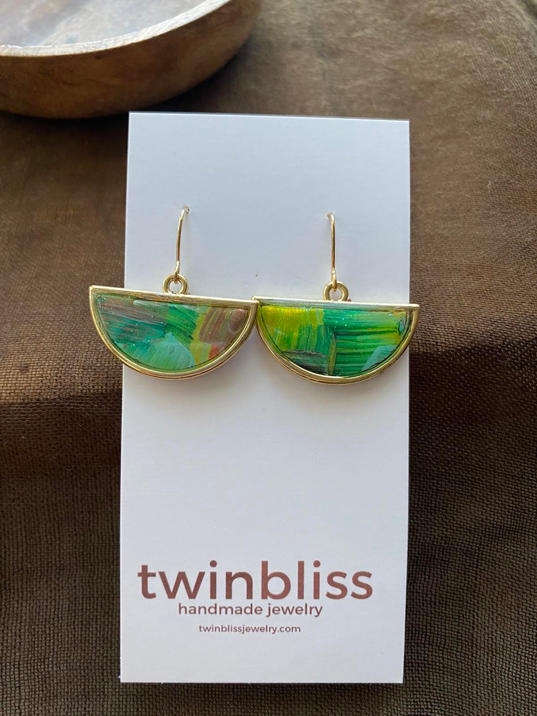 Earth & Sky Earrings - Green Abstract Gold Half Circle