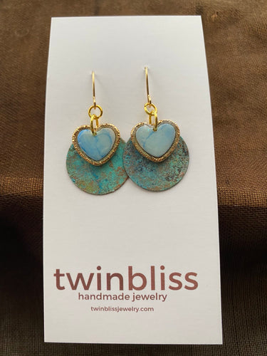 Earth & Sea Earrings - Blue Gold Heart with Patina Effect