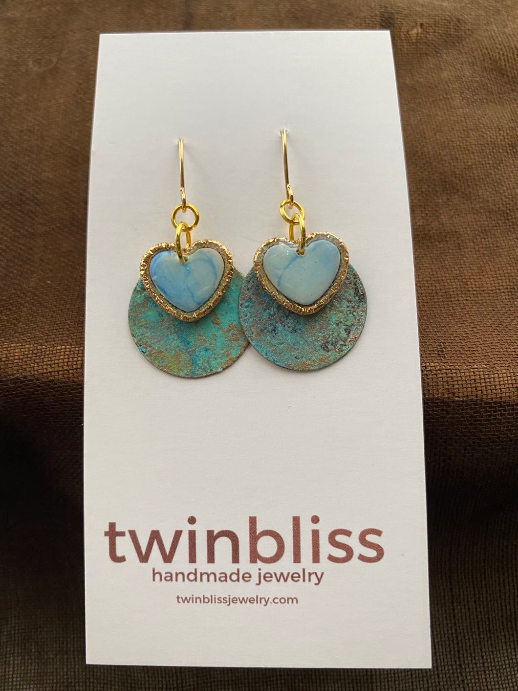 Earth & Sea Earrings - Blue Gold Heart with Patina Effect