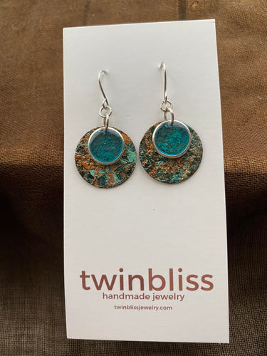 Earth & Sky Earrings - Deep Blue Gold Heart Patina Effect