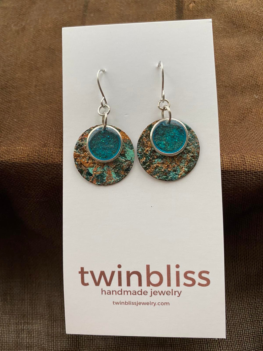 Earth & Sky Earrings - Deep Blue Gold Heart Patina Effect