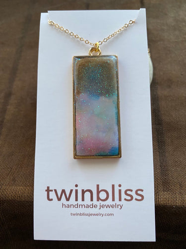 Earth & Sky Necklace - Long Gold Rectangle Pale Pink Sky