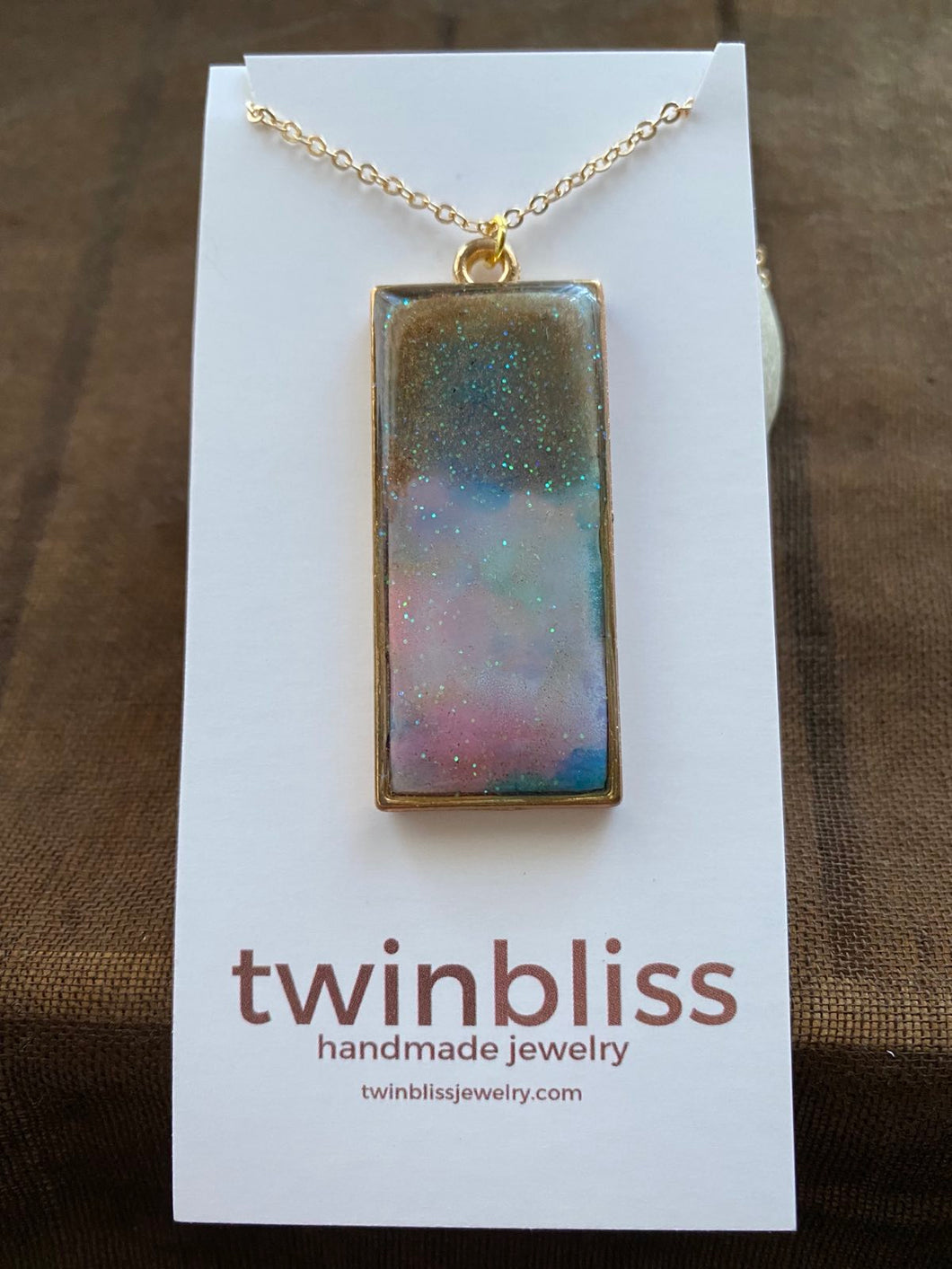 Earth & Sky Necklace - Long Gold Rectangle Pale Pink Sky