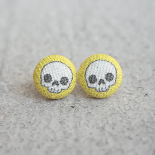 Adorable Skull in Yellow Fabric Button Earrings