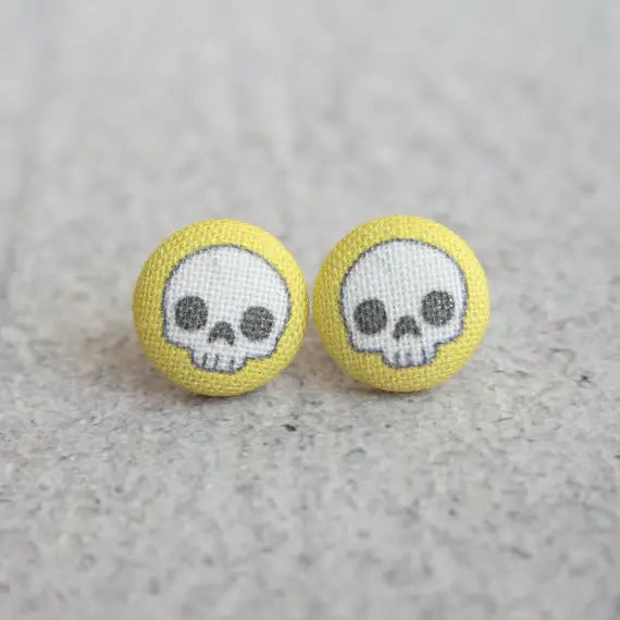 Adorable Skull in Yellow Fabric Button Earrings