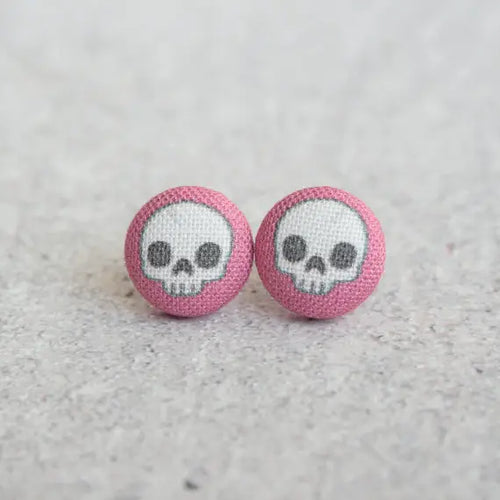 Adorable Skull in Hot Pink Fabric Button Earrings