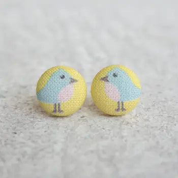 Little Bluebird Fabric Button Earrings