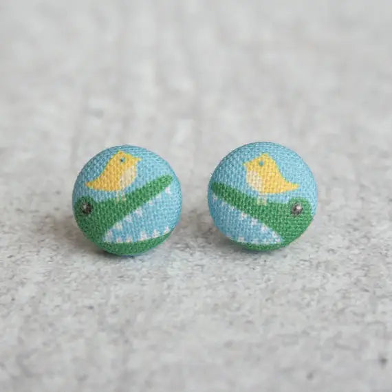 Gator and Bird Fabric Button Earrings